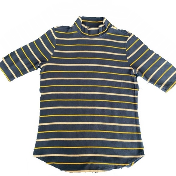 ANN TAYLOR Mock Neck Navy Striped Elbow Sleeve Top - Picture 3 of 9